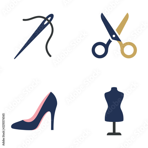 Tailoring Tools Icon Set: Scissors, Needle, Thread, Dress Form, and High Heel Shoe