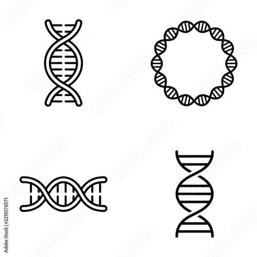 Set of DNA Double Helix and Circular Plasmid Line Icons in Black and White