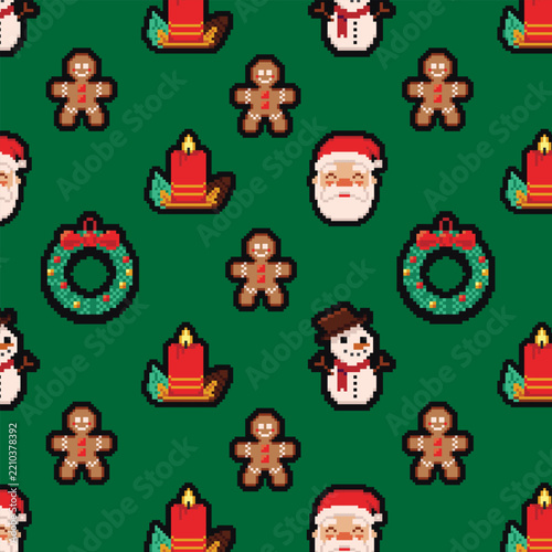 Seamless Christmas pattern in retro 8-bit pixel art style. Elements: Santa, snowman, gingerbread man, red candle, and holiday wreath. Nostalgic arcade aesthetic and playful winter holiday mood.