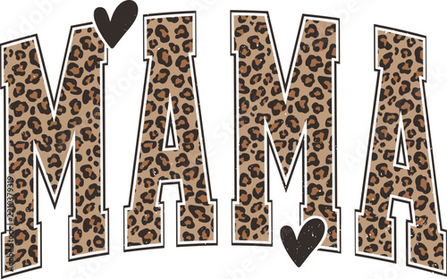 Mama Leopard Print SVG, Varsity Font with Little Hearts, Mother's Day Cut File
