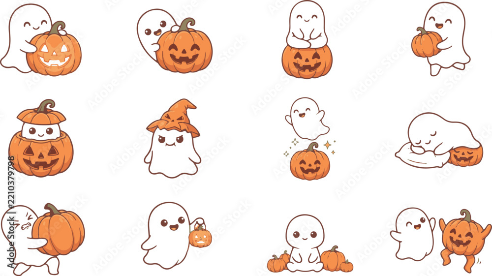 Fototapeta premium Cute Halloween Ghost and Pumpkin Character Collection