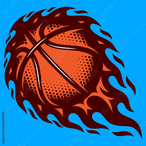 Flying flaming basketball with fire flames blazing trail sports emblem graphic illustration on blue background.