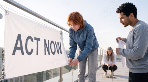 Young activists hang an act now protest banner on a rooftop