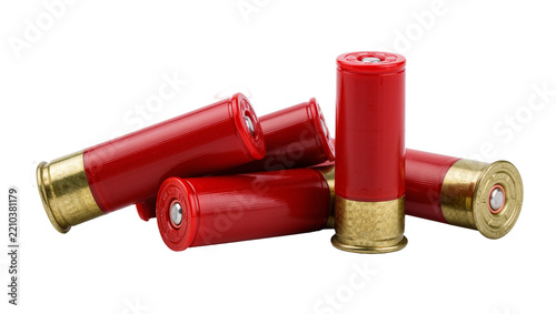 Pile of red shotgun shells with brass bases, isolated on transparent background