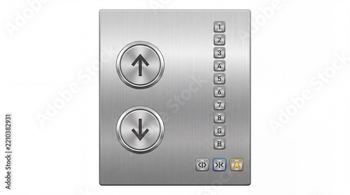 Modern metallic elevator button panel with directional arrows and numbers on white background