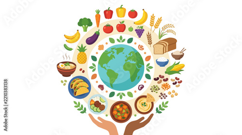 Powerful World Food Day Vector Illustration Featuring Global Nutrition and Diverse Healthy Sustainable Diet Choices Held in Human Hands