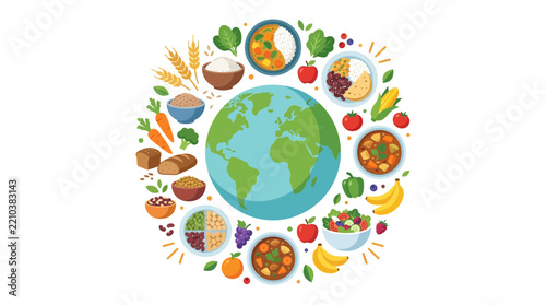 Global Nutrition and International Food Diversity Concept with World Map Surrounded by Healthy Organic Ingredients and Culinary Dishes