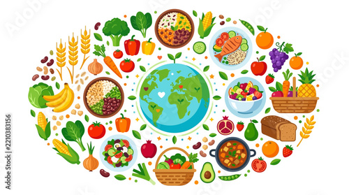 International World Food Day Vector Illustration Featuring Global Healthy Nutrition Diet Ingredients and Organic Harvest Produce Collection