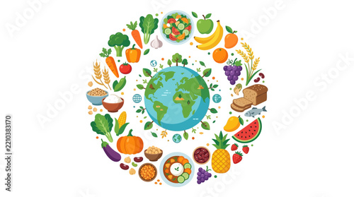 World Food Day Concept Featuring Fresh Farm Produce and Healthy Nutrition Symbols Surrounding a Vibrant Global Earth Illustration for Sustainable Diet