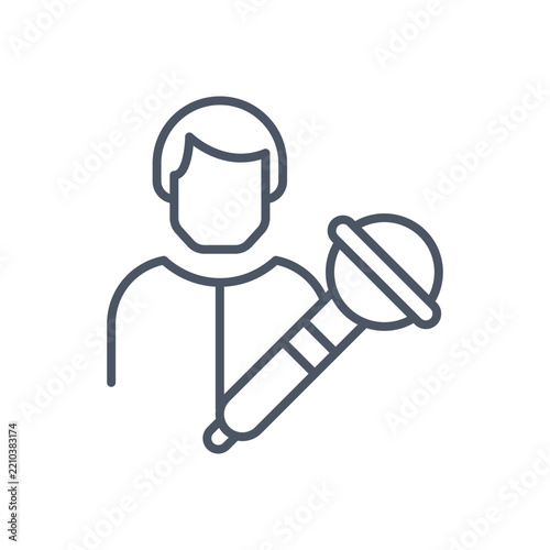 Minimalist singer outline icon, news reporter holding microphone vector, public speaker line art illustration for media