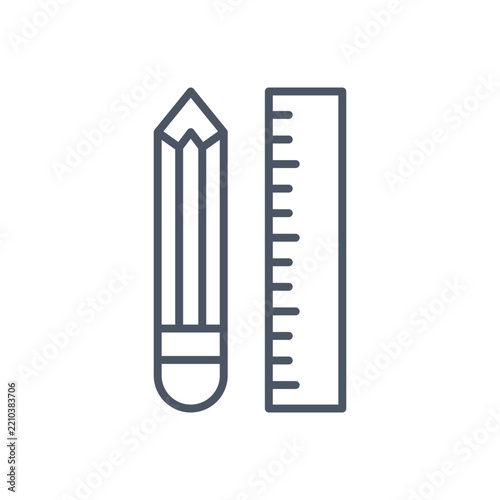 Minimalist line pencil and ruler icon, graphic design drawing tool vector, blue linear stationery symbol for education and architecture projects