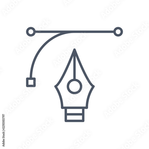 Vector graphic illustration featuring a pen tool icon with bézier curves and nodes for digital graphic design software interface and creative projects