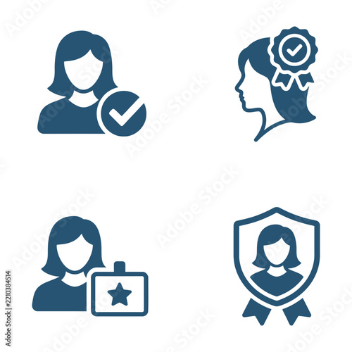 Verified Female User Profile Icons With Checkmark Badge And Shield Symbol