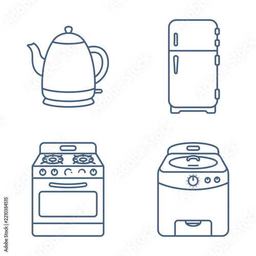 Set of kitchen appliances line art: kettle, fridge, stove, washing machine, blue icon