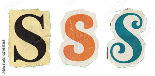 Set of three ransom note style cut out letters S from magazines and newspapers with different fonts