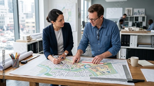 Professional architects collaborating closely on urban planning blueprint design within bright modern office workspace environment
