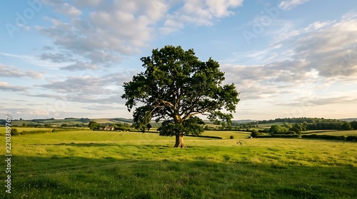 Solitary oak tree standing in a lush green meadow under a summer sky