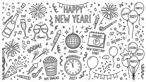 Happy New Year 2027 hand drawn doodle vector set. Celebration elements, champagne, fireworks, balloons, disco ball, clock, and party horns.
