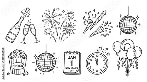 Set of New Year doodles outline icons, hand drawn celebration elements collection. Champagne, fireworks, disco ball, clock, calendar, balloons, popcorn.