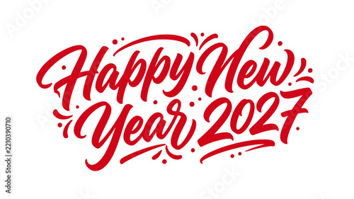 Happy New Year 2027 Red Calligraphy Lettering Design on White Background. Vector Illustration of Greeting Card Typography for Winter Holiday Celebration.