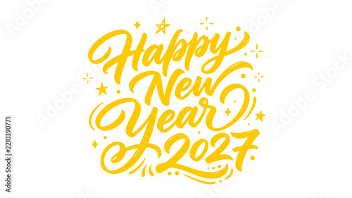 Happy New Year 2027 gold hand lettering typography design. Festive greeting card, vector calligraphy text with stars for celebration and holiday season.
