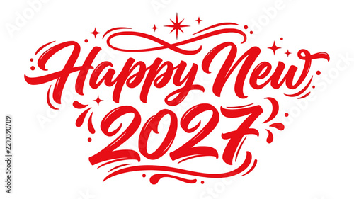 Happy New 2027 Red Calligraphy Lettering Design with Festive Stars and Swirls Isolated on White Background for Celebration Greetings and Holiday Banners