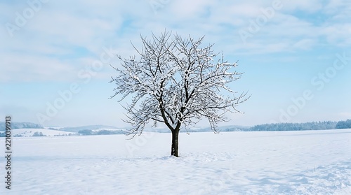 Single bare tree covered in snow standing in a vast winter landscape