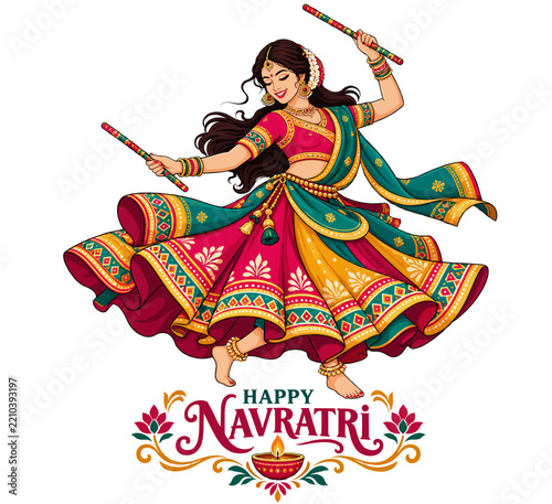 Woman in Traditional Indian Attire Dancing Garba with Dandiya Sticks, Vibrant Illustration. Festive Celebration Concept, Cultural Design Element.