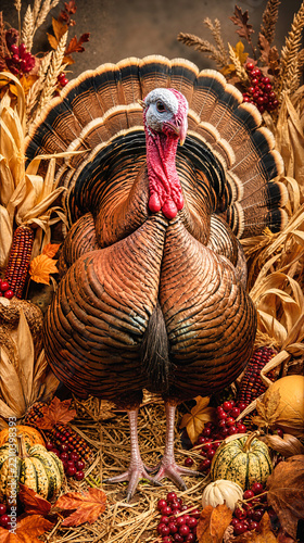 Turkey with a fanned tail and bronze feathers surrounded by gourds, corn, wheat, red berries and autumn leaves. Vertical Thanksgiving harvest portrait with textured plumage, husks and straw underfoot