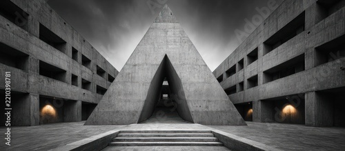 Concrete building with triangular entrance.
