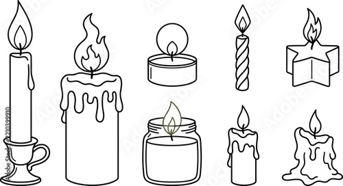 Burning Candles Outline Icons Vector Set Wax Pillar Candle Dripping Wax Candlestick Holder Glass Jar Scented Candle Tealight Birthday Spiral Candle and Star Candle Clipart Flat Vector Illustration Set