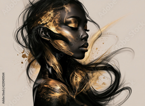 digital art  woman of color in profile view facing right, rendered in glossy black and metallic gold. 