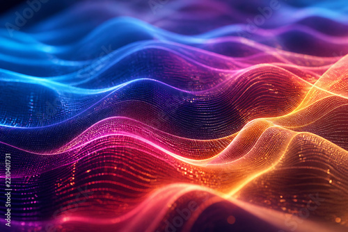 Abstract digital wave pattern with vibrant colors blending from blue to orange across a dark background.