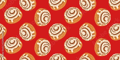Seamless pattern featuring Cinnabon-style cinnamon rolls with cream cheese frosting. A festive design for fabrics, packaging, greeting cards, and gift wrap.