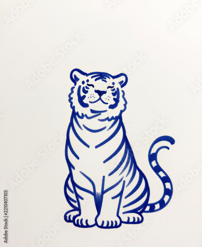 Blue Tiger Sitting Naive Doodle - Serene Line Art Illustration with Closed Eyes and Curled Tail for Tiger Sitting Naive Doodle Vector Illustration and Creative Design Projects