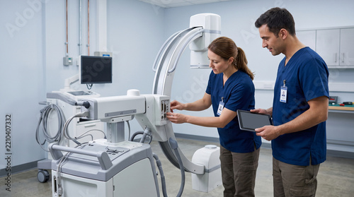 Professional medical team inspecting radiographic equipment focused healthcare diagnostic procedure with diligent expression for patient care