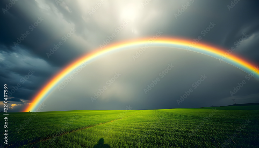 Fototapeta premium Double Rainbow Over Green Field After Storm