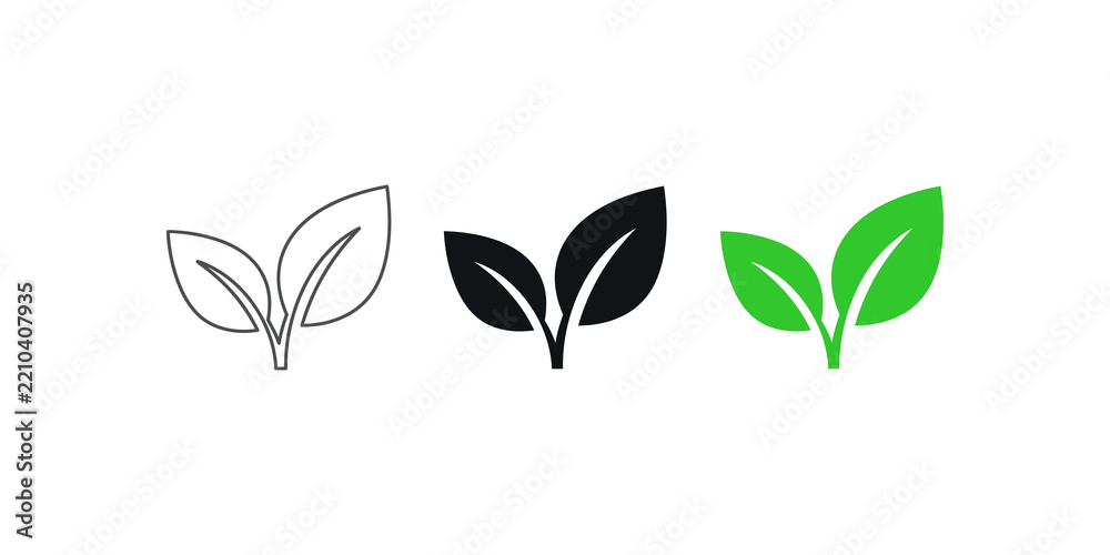 Naklejka premium Two leaves icon with green eco logo design, nature organic isolated illustration for vegetarian and vegan product branding. 