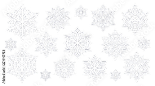 Collection of intricate white snowflake designs on white background