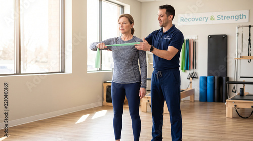 Therapist guiding patient with resistance band in physical rehabilitation session, professional physiotherapist supporting focused woman