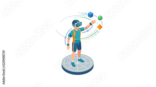 Person Wearing VR Headset Reaching for Floating Cubes on Platform