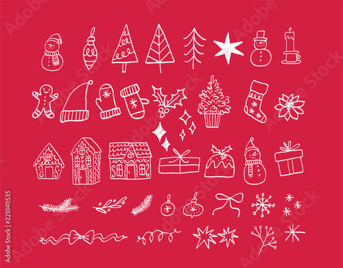 Hand-Drawn Christmas Whimsy Decor Elements. Doodle Style. Christmas Festive decoration. Winter holiday ornament, leaf, ribbon, and tree. Flat vector illustration
