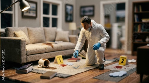 Crime Scene Investigator examining evidence on floor blood stains police markers forensic detective in hazmat suit domestic setting