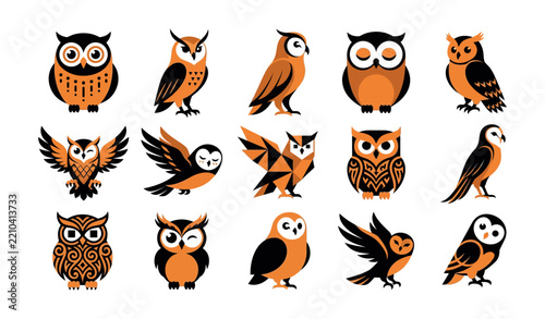 Cute Owl and Bird Vector Set, Cartoon Owl Icons and Decorative Bird Illustrations Collection