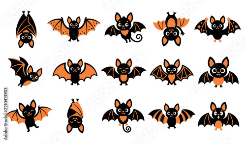 Halloween Bat Silhouette Vector Set, Cute Black Bat Icons and Flying Bat Illustrations