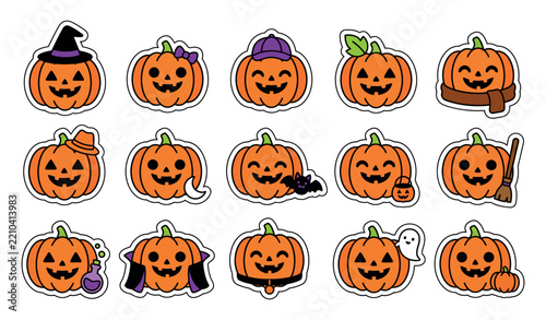 Halloween Pumpkin Sticker Set, Cute Jack O Lantern Pumpkin Faces Vector Collection