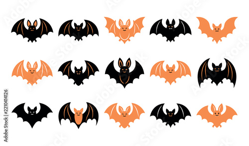 Halloween Bat Silhouette Vector Set, Cute Black Bat Icons and Flying Bat Illustrations