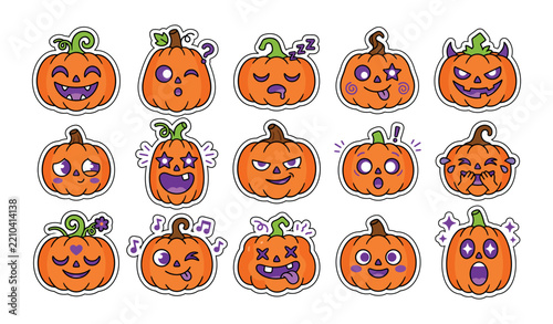 Halloween Pumpkin Sticker Set, Cute Jack O Lantern Pumpkin Faces Vector Collection
