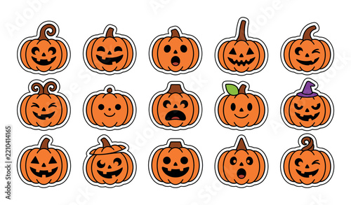 Halloween Pumpkin Sticker Set, Cute Jack O Lantern Pumpkin Faces Vector Collection