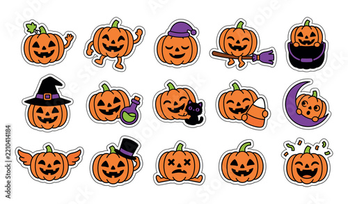 Halloween Pumpkin Sticker Set, Cute Jack O Lantern Pumpkin Faces Vector Collection